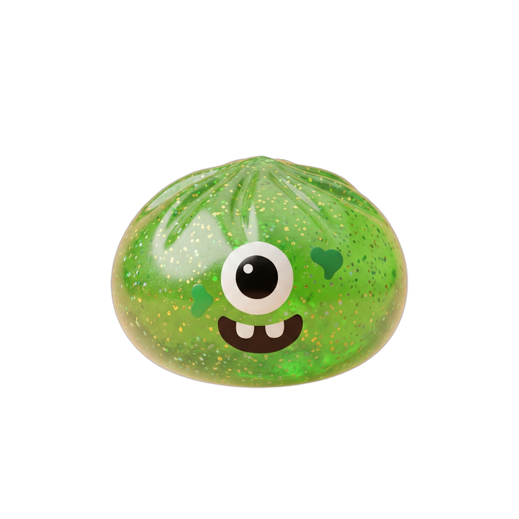 Squishy Dumpling Monster Halloween Vihreä Glitter puristettuna kädessä