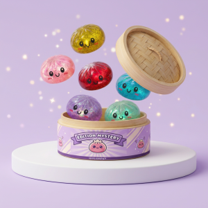 Dumplings Squishy Glitter -yllätyspakkaus puristettuna kädessä