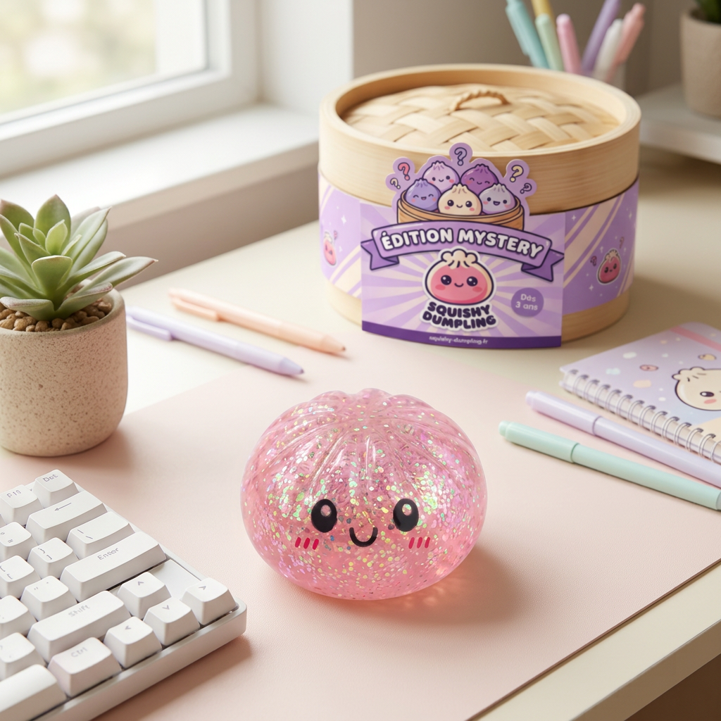 Dumplings Squishy Glitter -yllätyspakkaus arkisessa asetelmassa