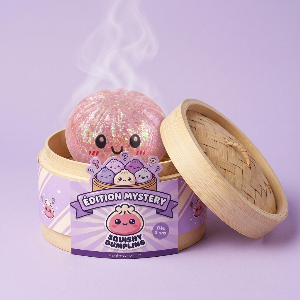 Dumplings Squishy Glitter -yllätyspakkaus bambutyylisessä höyrytyskorissa