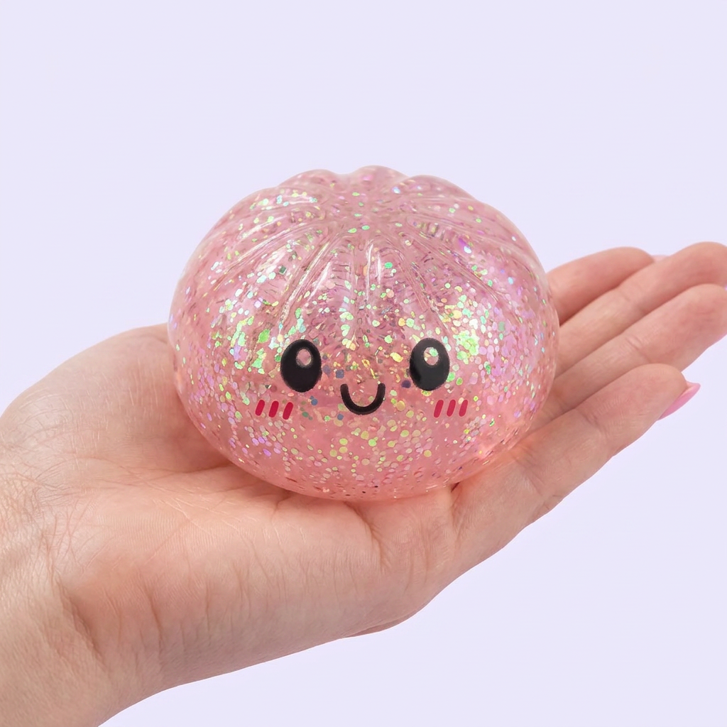 Dumplings Squishy Glitter -yllätyspakkaus kädessä — kokovertailu