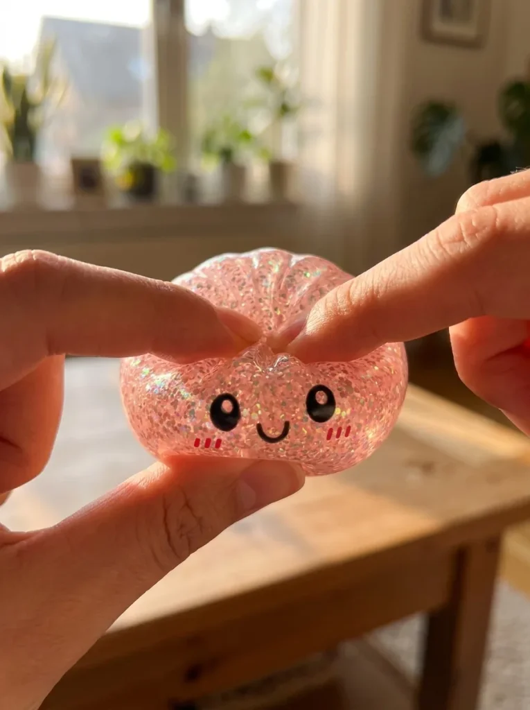 Dumplings Squishy Glitter -yllätyspakkaus puristuksessa