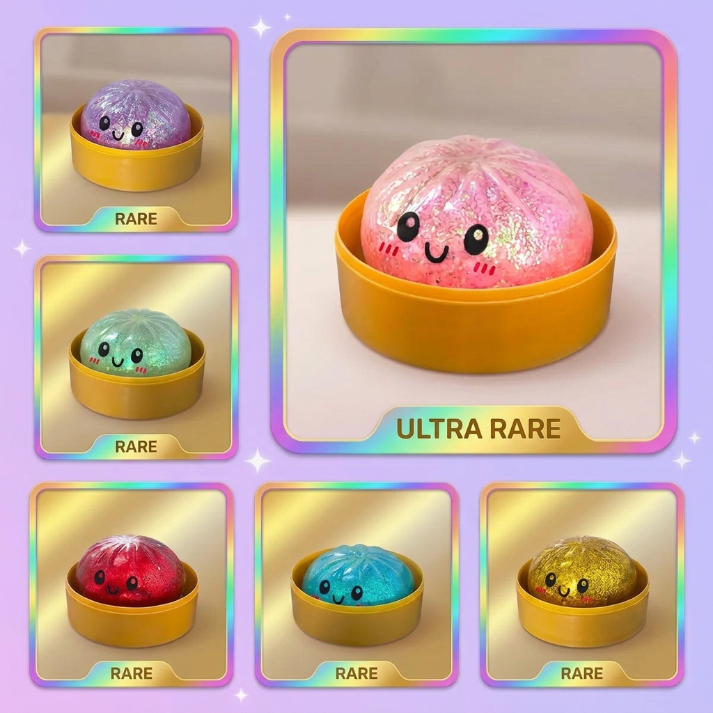 Dumplings Squishy Glitter -yllätyspakkaus puristettuna kädessä