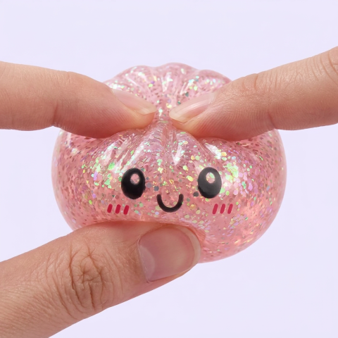 Dumplings Squishy Glitter -yllätyspakkaus puristettuna kädessä