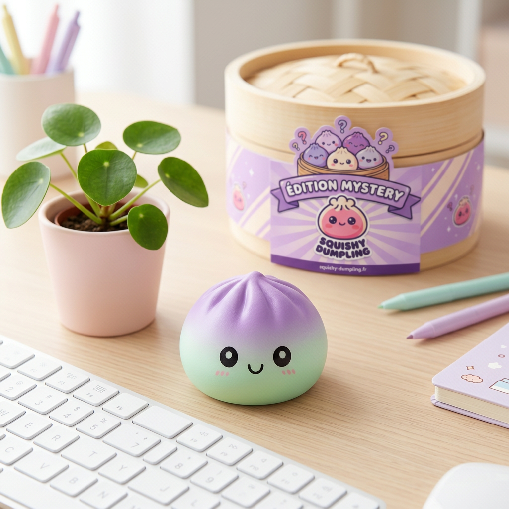 Dumpling Squishy Ombre Mystery -yllätyspakkaus arkisessa asetelmassa