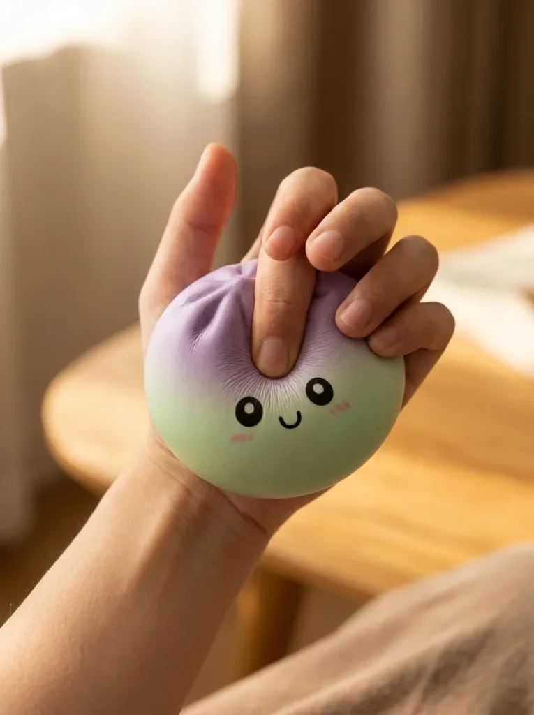 Dumpling Squishy Ombre Mystery -yllätyspakkaus puristuksessa