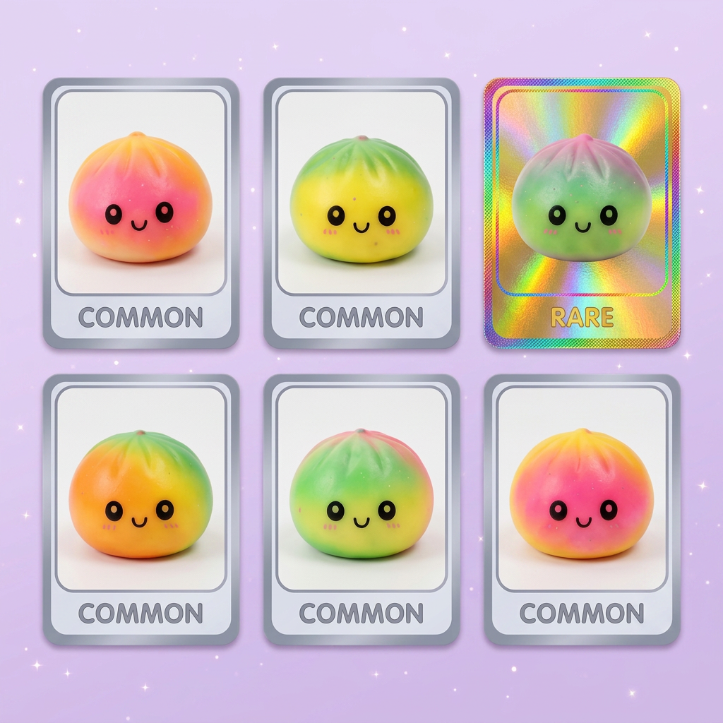 Dumpling Squishy Ombre Mystery -yllätyspakkaus puristettuna kädessä