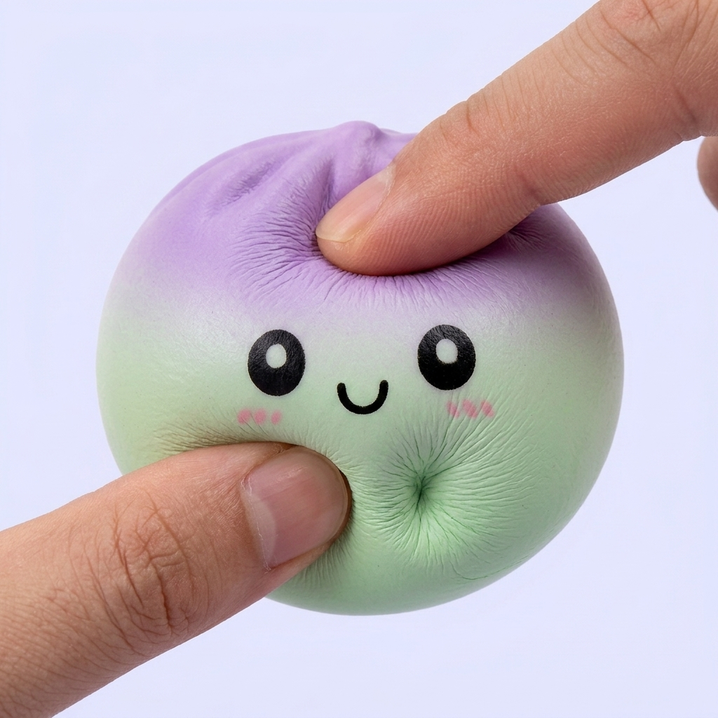Dumpling Squishy Ombre Mystery -yllätyspakkaus puristettuna kädessä