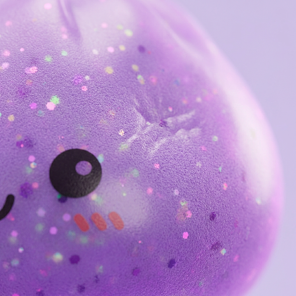 Dumpling Squishy Mystery Glow in the Dark Glitter -yllätys makrokuva vaahdon pinnasta
