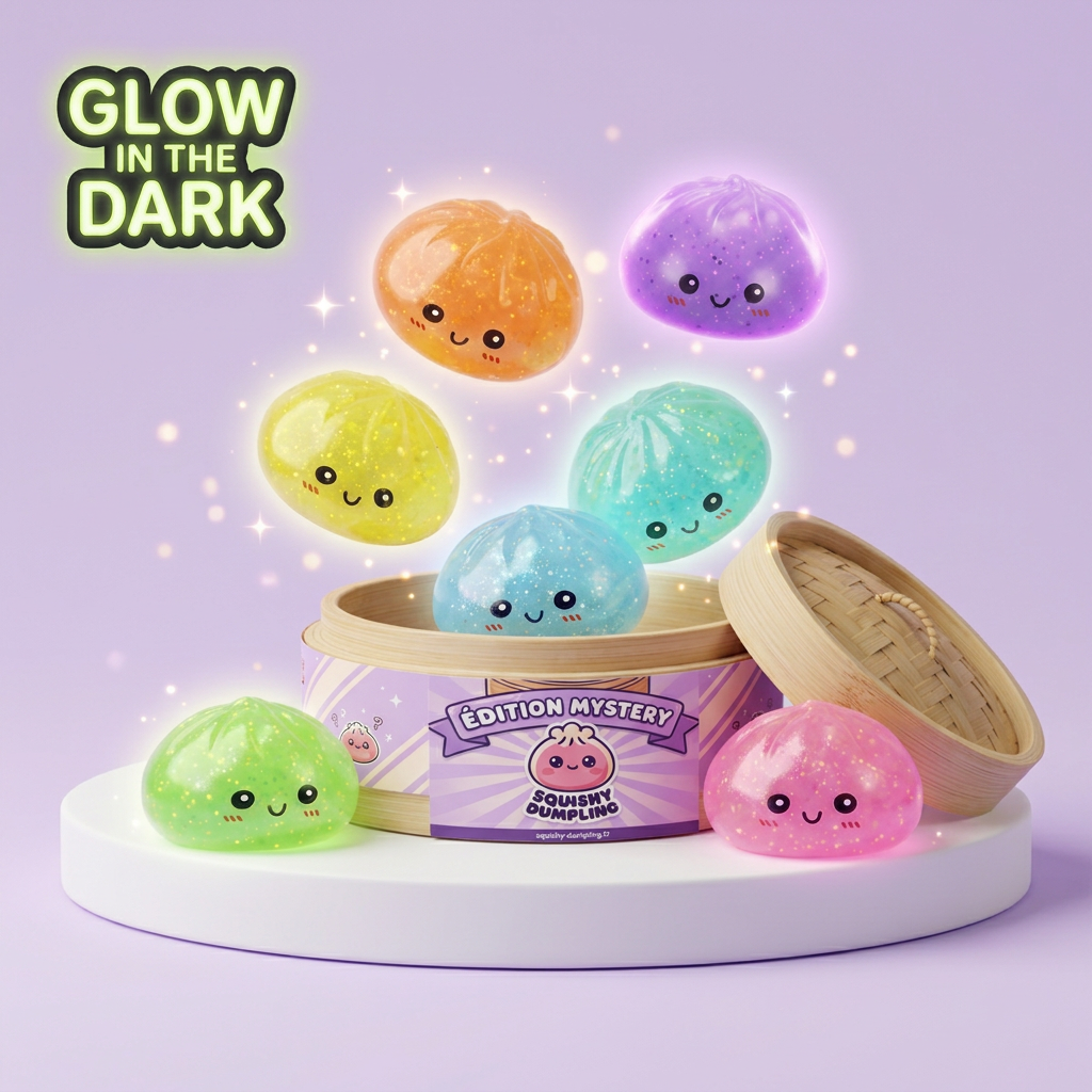 Dumpling Squishy Mystery Glow in the Dark Glitter -yllätys puristettuna kädessä