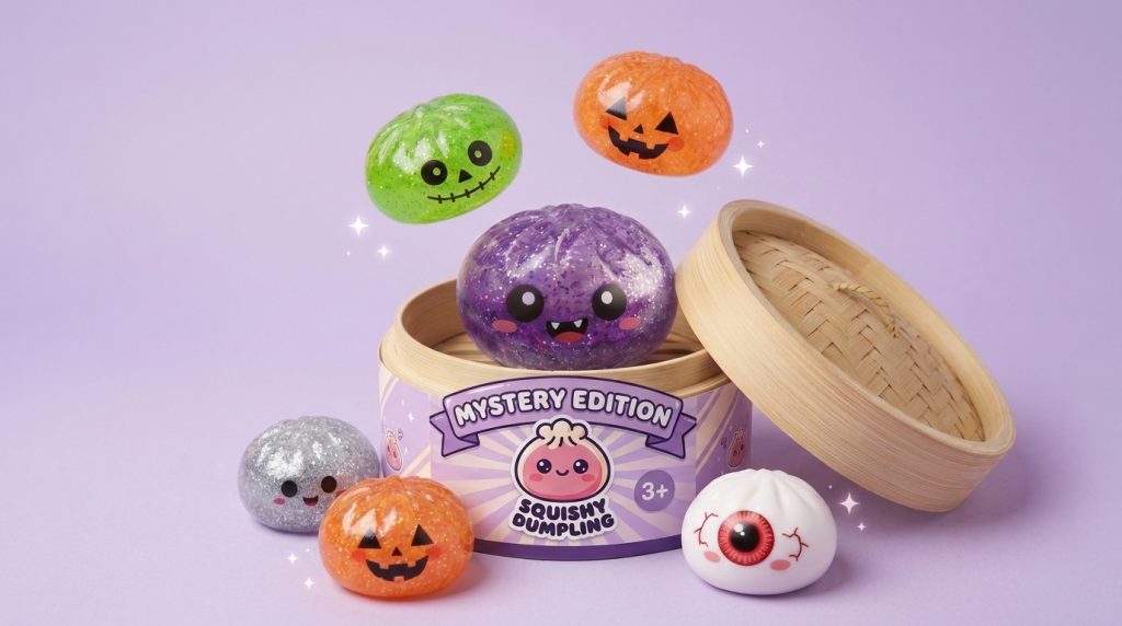 Squishy Dumpling Mystery Halloween -yllätyspakkaus puristettuna kädessä