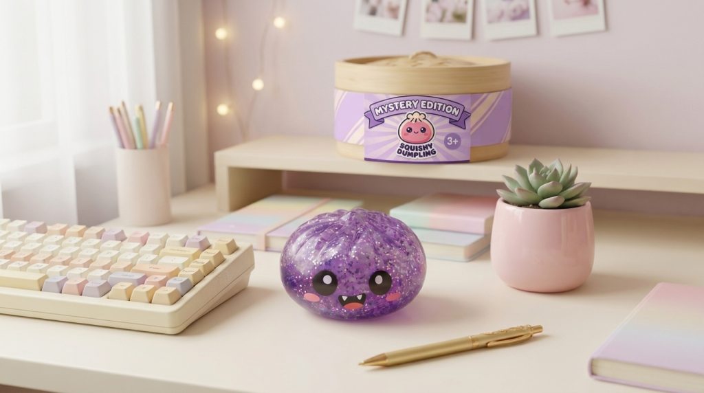 Squishy Dumpling Mystery Halloween -yllätyspakkaus arkisessa asetelmassa