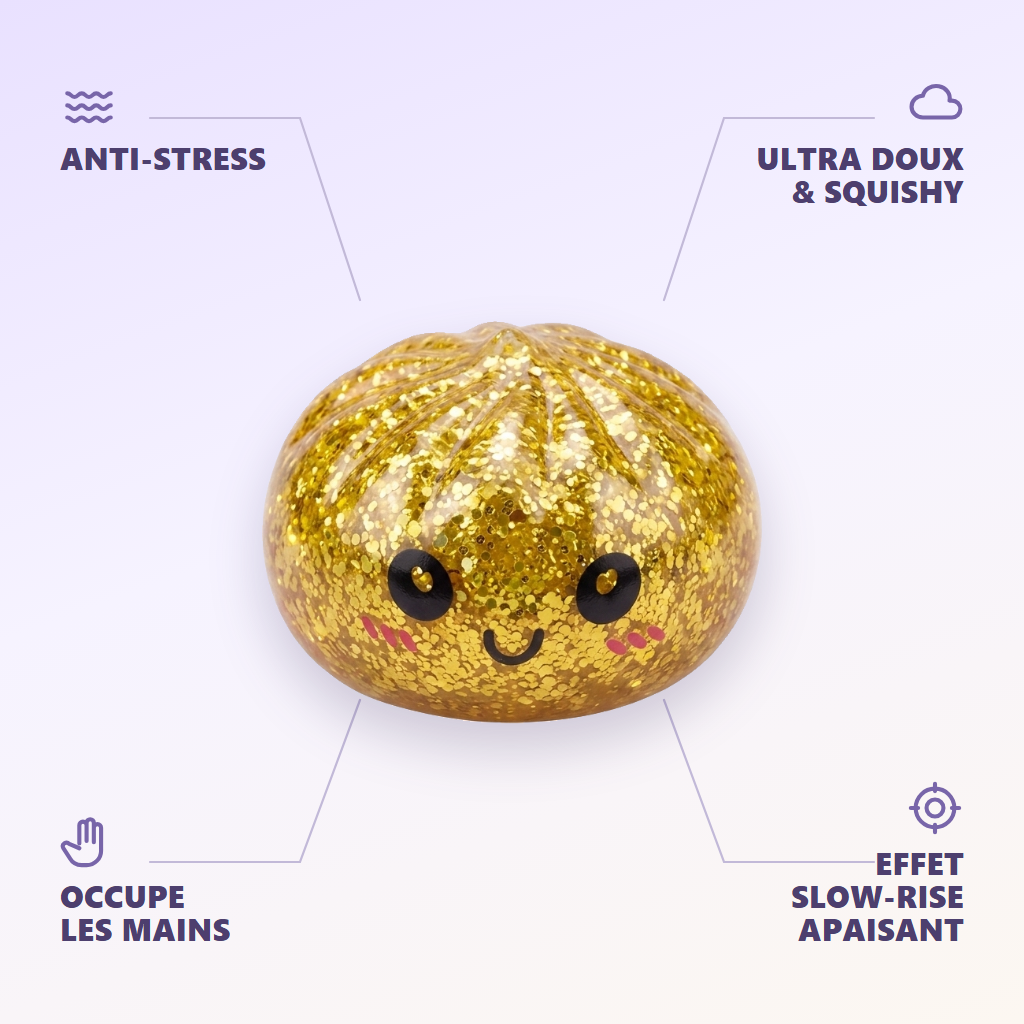 Squishy Dumpling Mystery Glitter -minisetti infografiikka: tärkeimmät edut