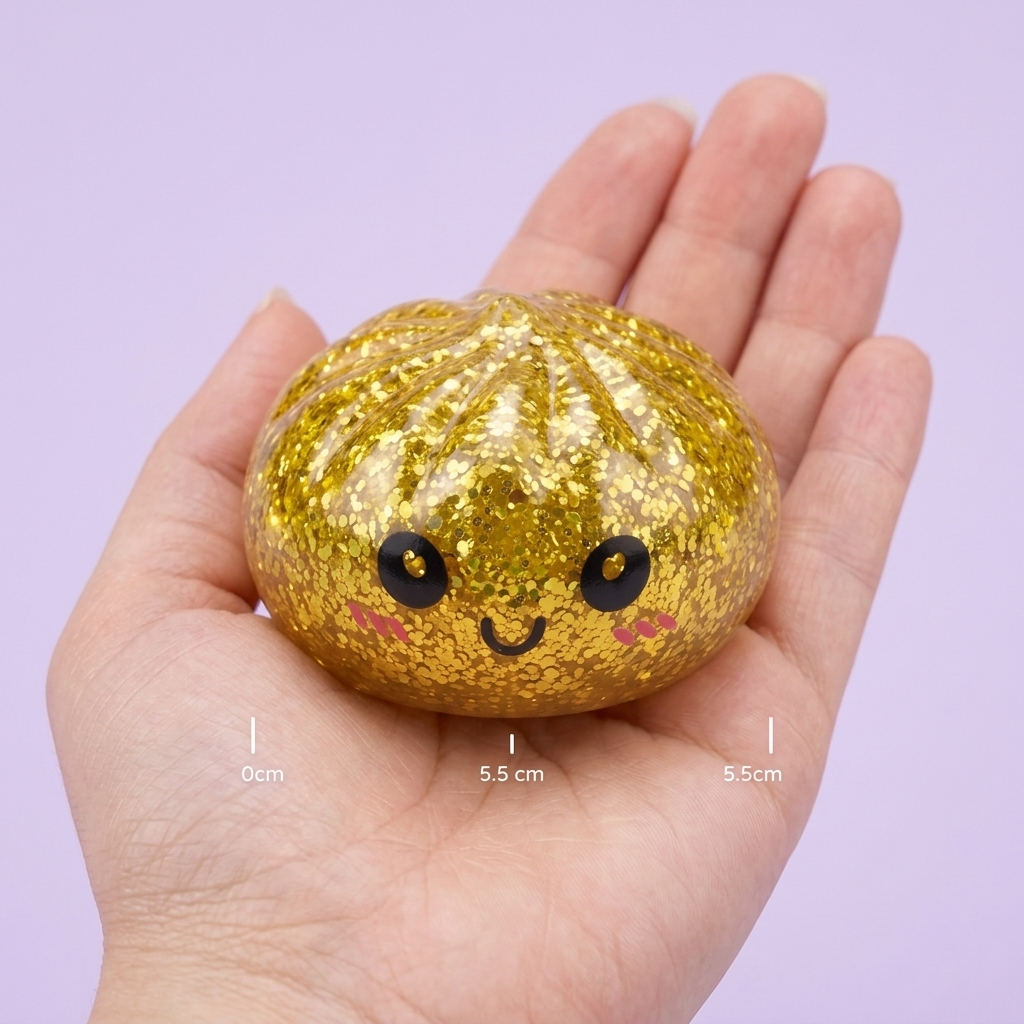 Squishy Dumpling Mystery Glitter -minisetti kädessä — kokovertailu