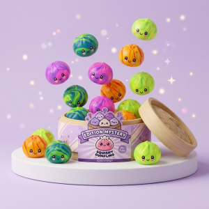 Dumpling Squishy Mystery Tie Dye -yllätyspakkaus puristettuna kädessä