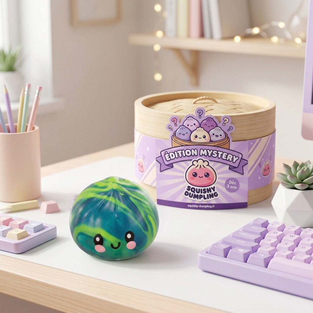 Dumpling Squishy Mystery Tie Dye -yllätyspakkaus arkisessa asetelmassa