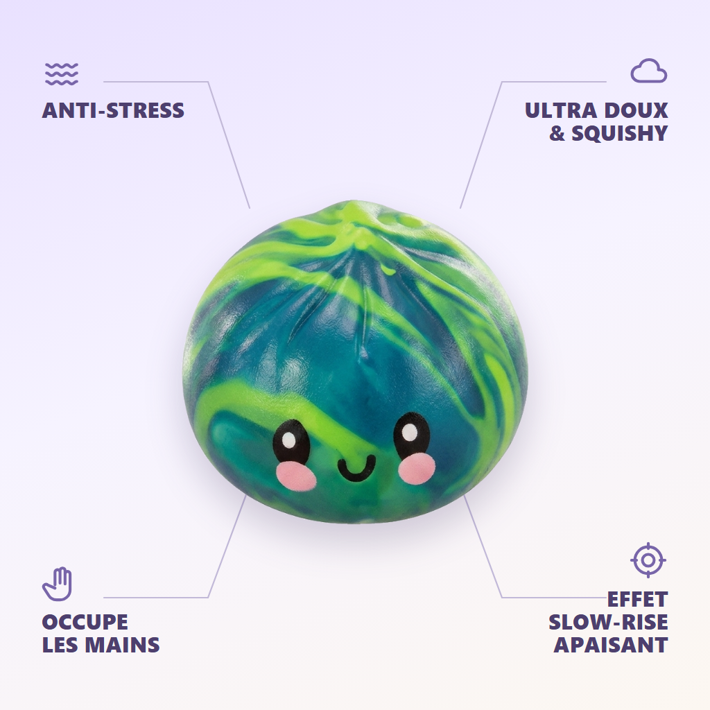 Dumpling Squishy Mystery Tie Dye -yllätyspakkaus infografiikka: tärkeimmät edut