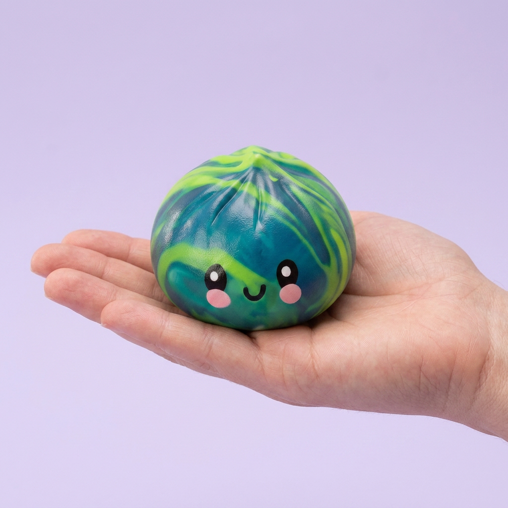 Dumpling Squishy Mystery Tie Dye -yllätyspakkaus kädessä — kokovertailu