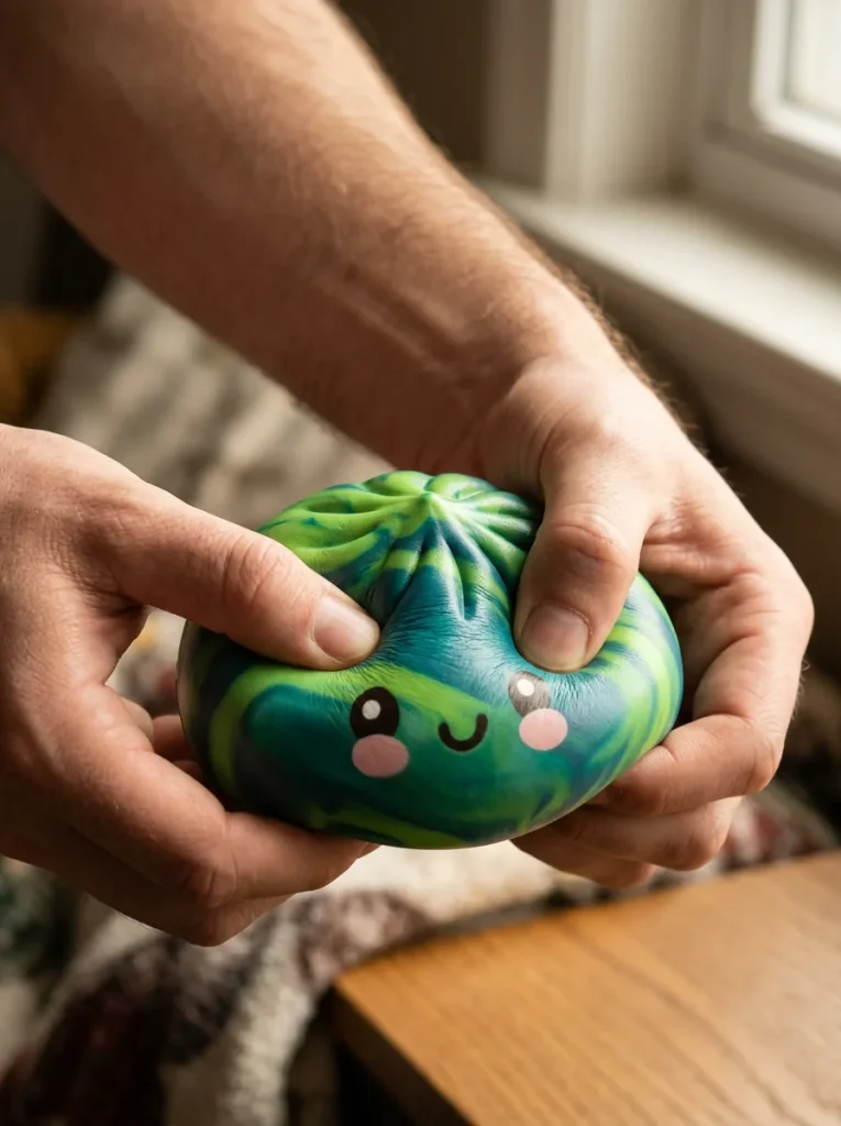 Dumpling Squishy Mystery Tie Dye -yllätyspakkaus puristuksessa
