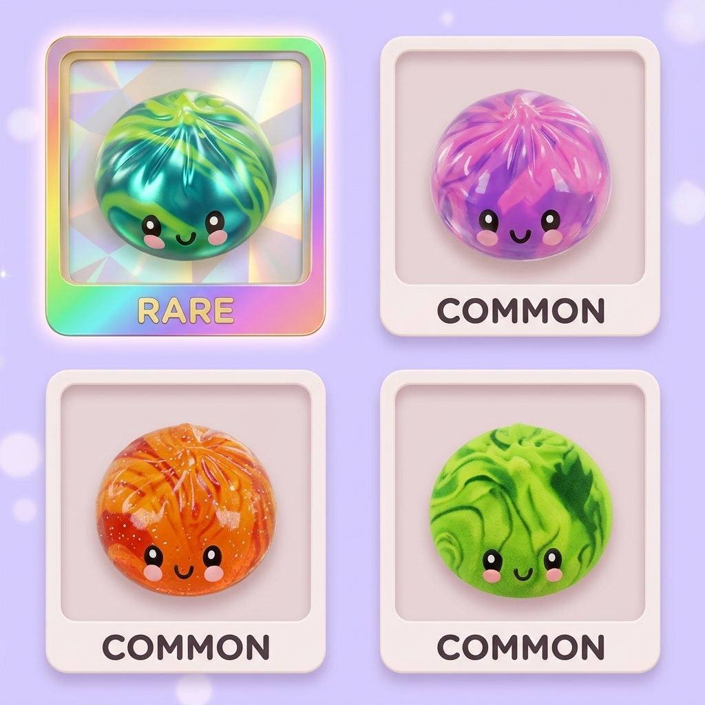 Dumpling Squishy Mystery Tie Dye -yllätyspakkaus puristettuna kädessä