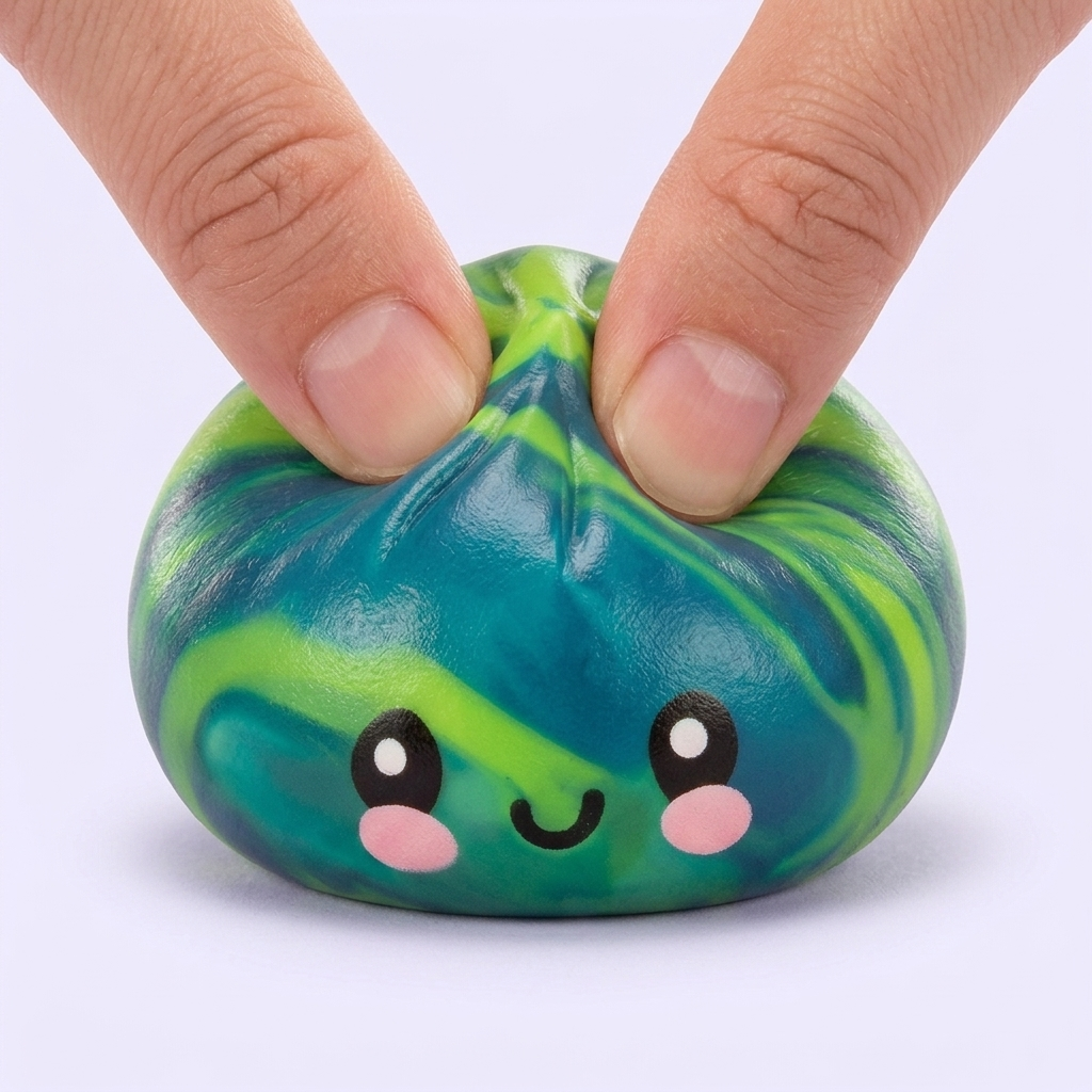 Dumpling Squishy Mystery Tie Dye -yllätyspakkaus puristettuna kädessä