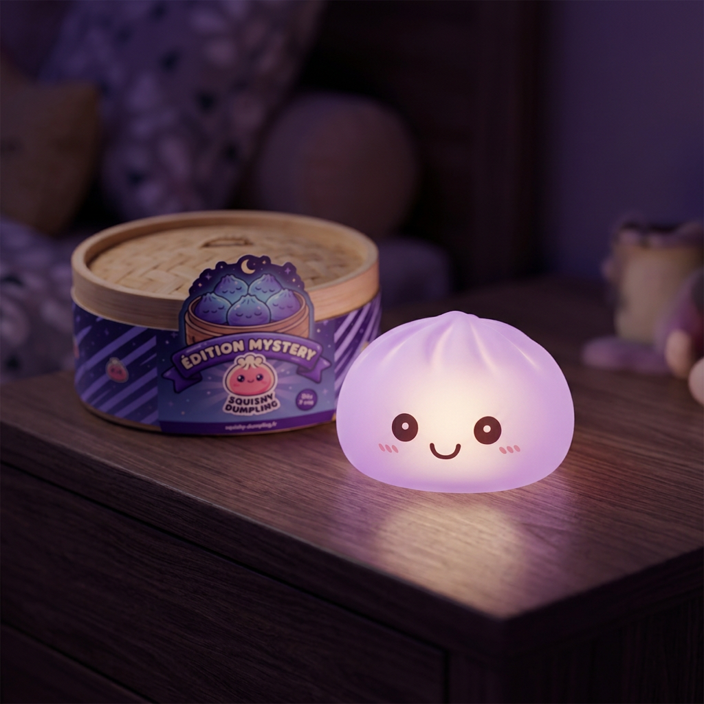 Mystery Squishy Dumpling -yövalo tunnelmakuvassa työpöydällä