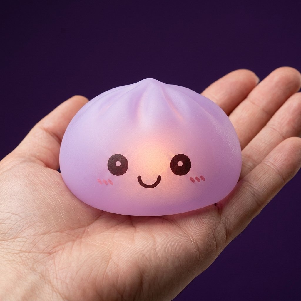 Mystery Squishy Dumpling -yövalo kädessä, todellinen koko