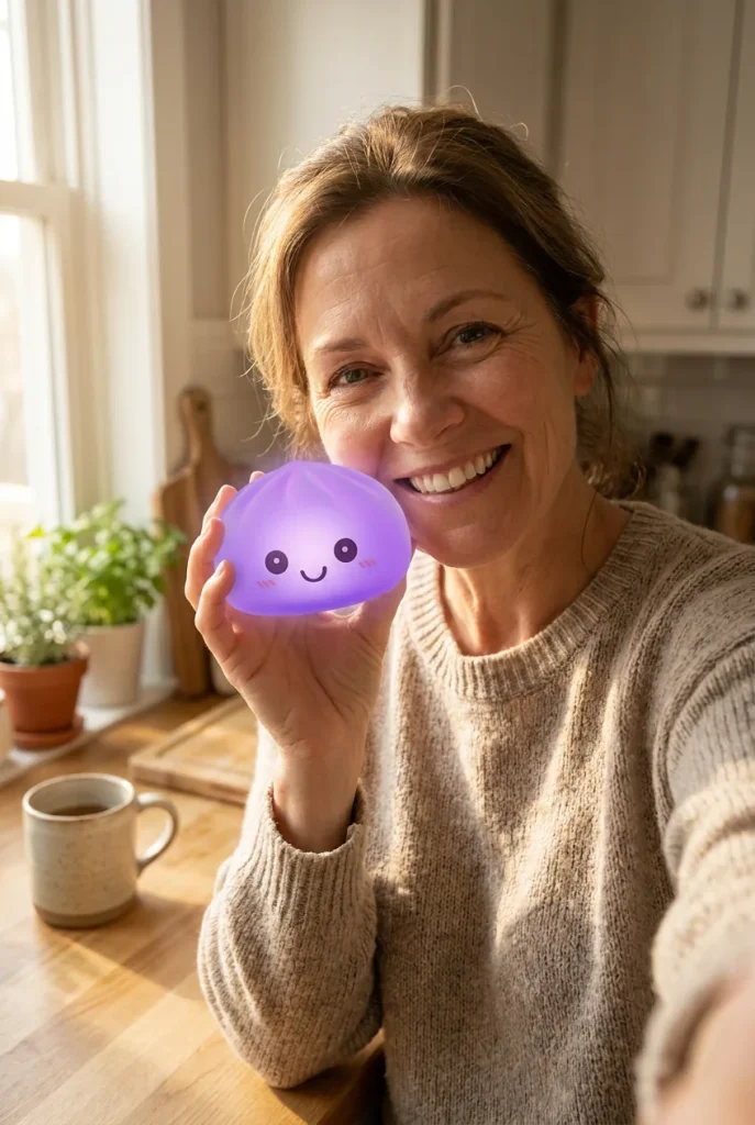 Mystery Squishy Dumpling -yövalo kasvojen lähellä — asiakaskuva