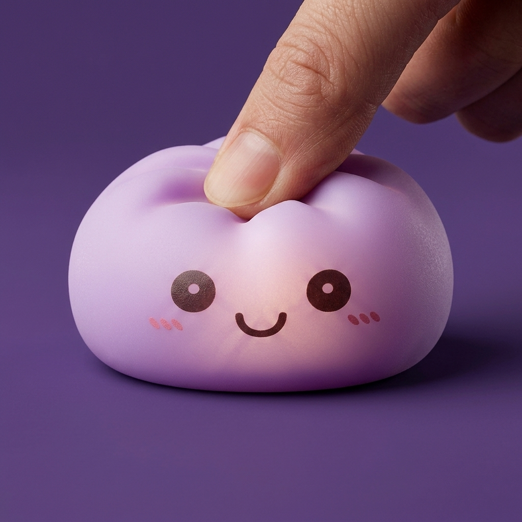Mystery Squishy Dumpling -yövalo puristettuna kädessä, squishy-materiaali