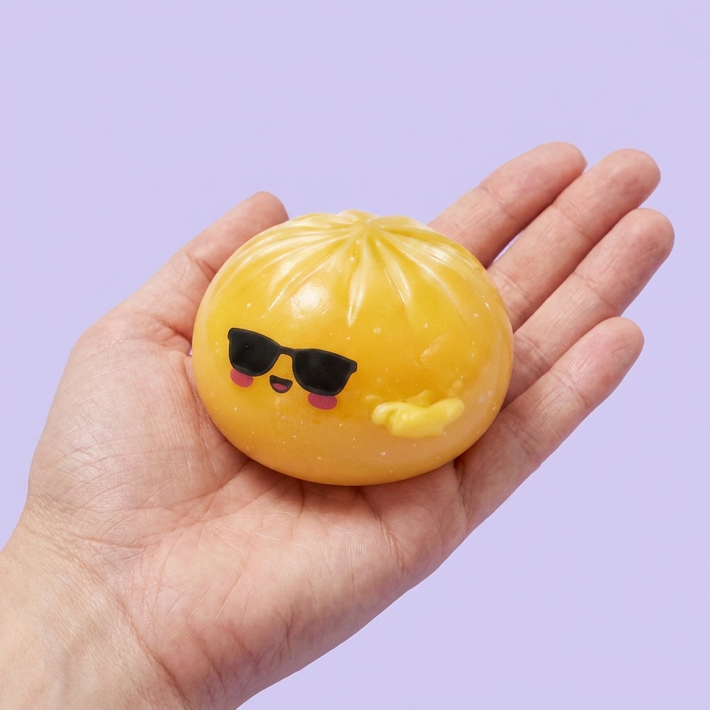 Mystery Dumpling Squishy Aurinkolasit kädessä — kokovertailu