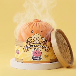 Giant Dumpling Squishy Oranssi XXL bambutyylisessä höyrykorirasiassaan