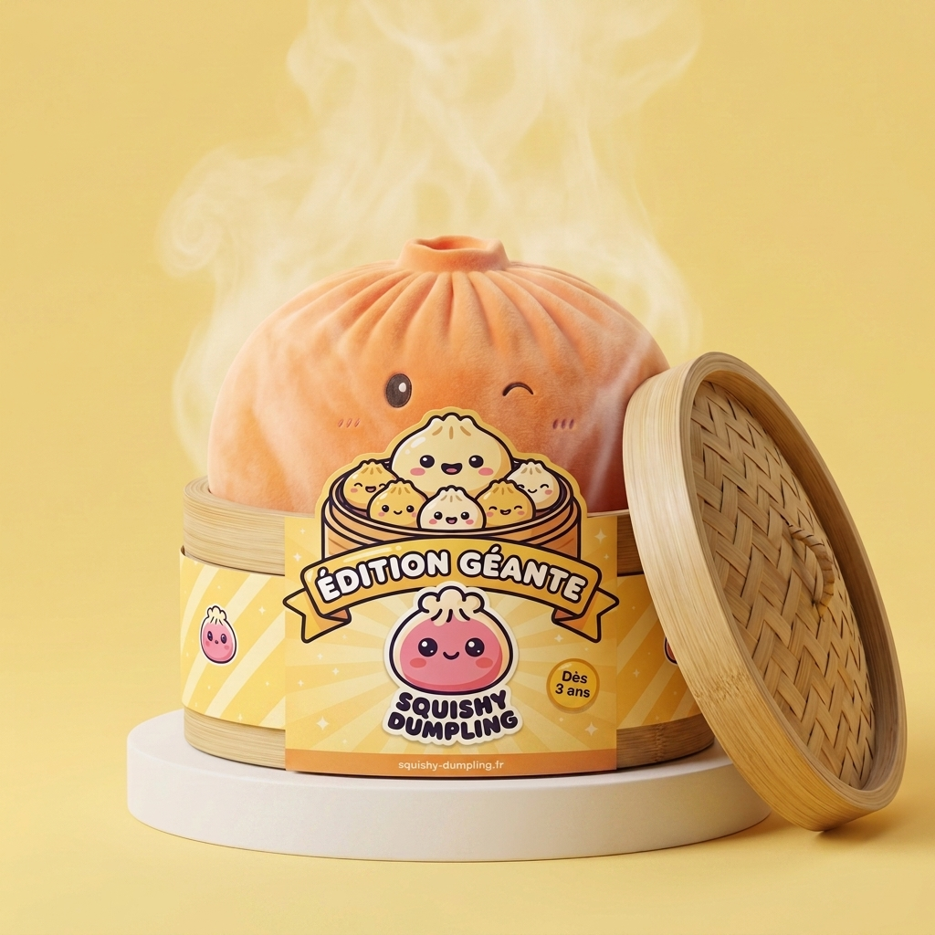 Giant Dumpling Squishy Oranssi XXL bambutyylisessä höyrykorirasiassaan