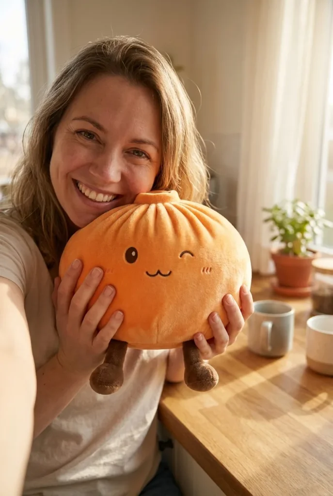 Giant Dumpling Squishy Oranssi XXL kasvojen lähellä — asiakaskuva