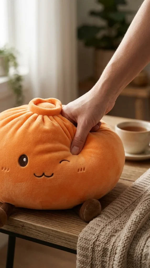 Giant Dumpling Squishy Oranssi XXL sormien välissä — asiakaskuva