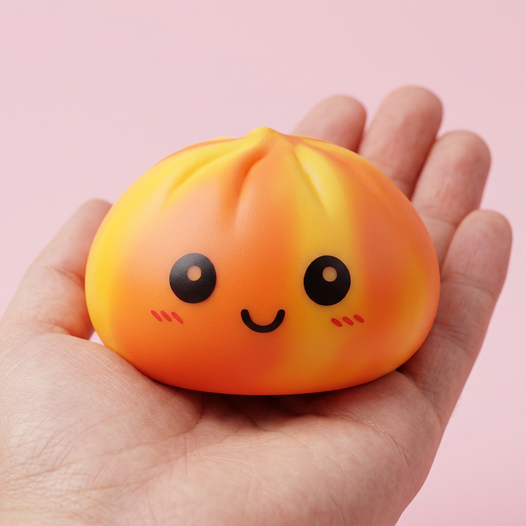 Squishy Dumpling Tie Dye Oranssi kädessä — kokovertailu
