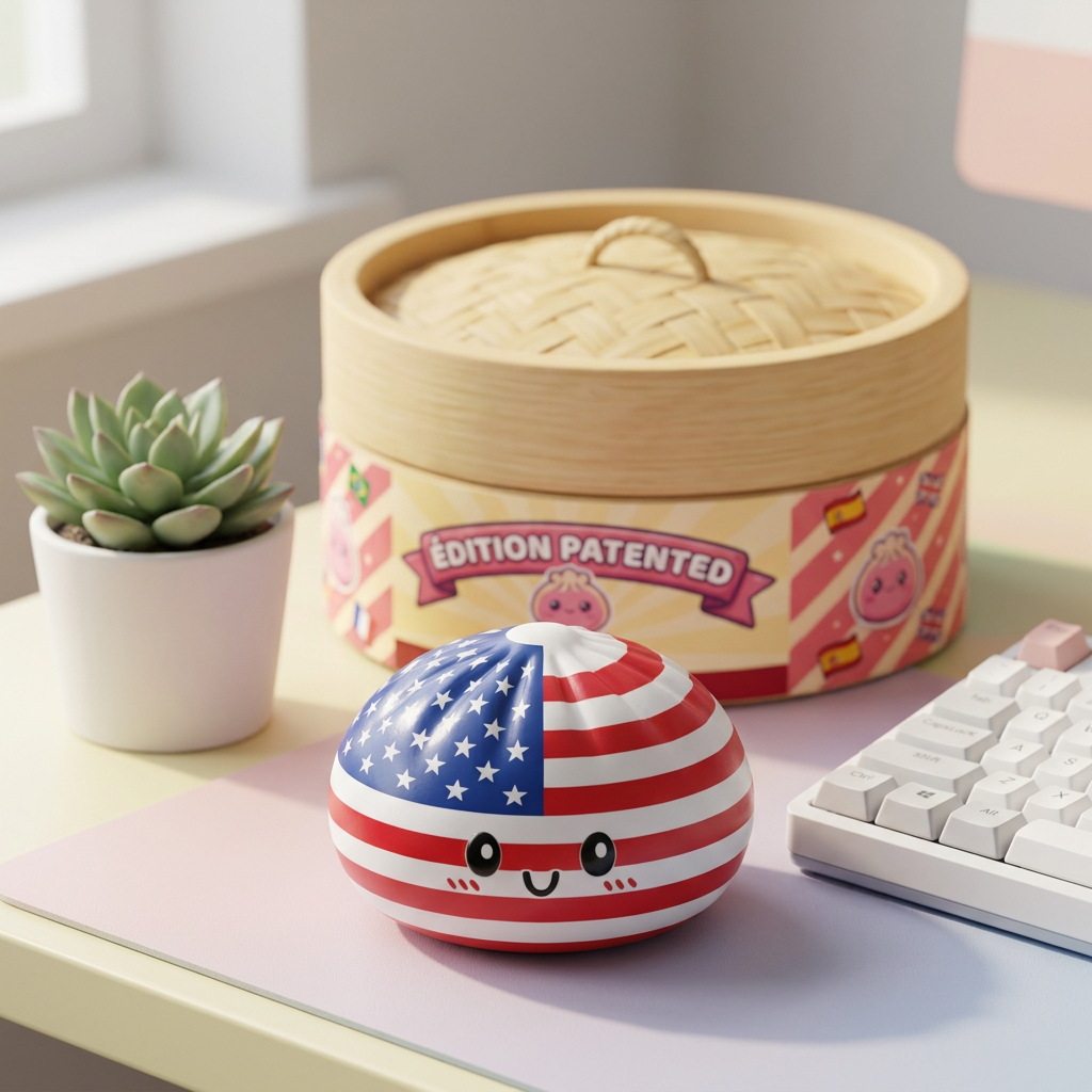 Squishy Dumpling USA -lippukuvio tunnelmakuvassa työpöydällä