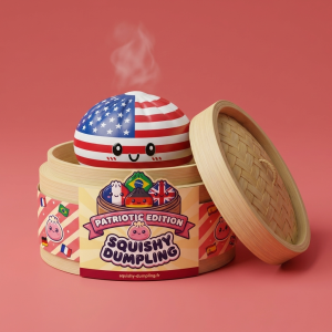 Squishy Dumpling USA -lippukuvio bambutyylisessä höyrykorirasiassaan