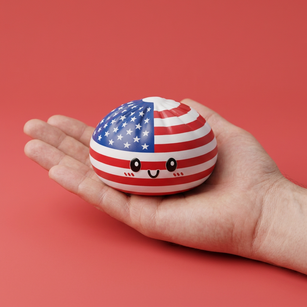 Squishy Dumpling USA -lippukuvio kädessä, todellinen koko