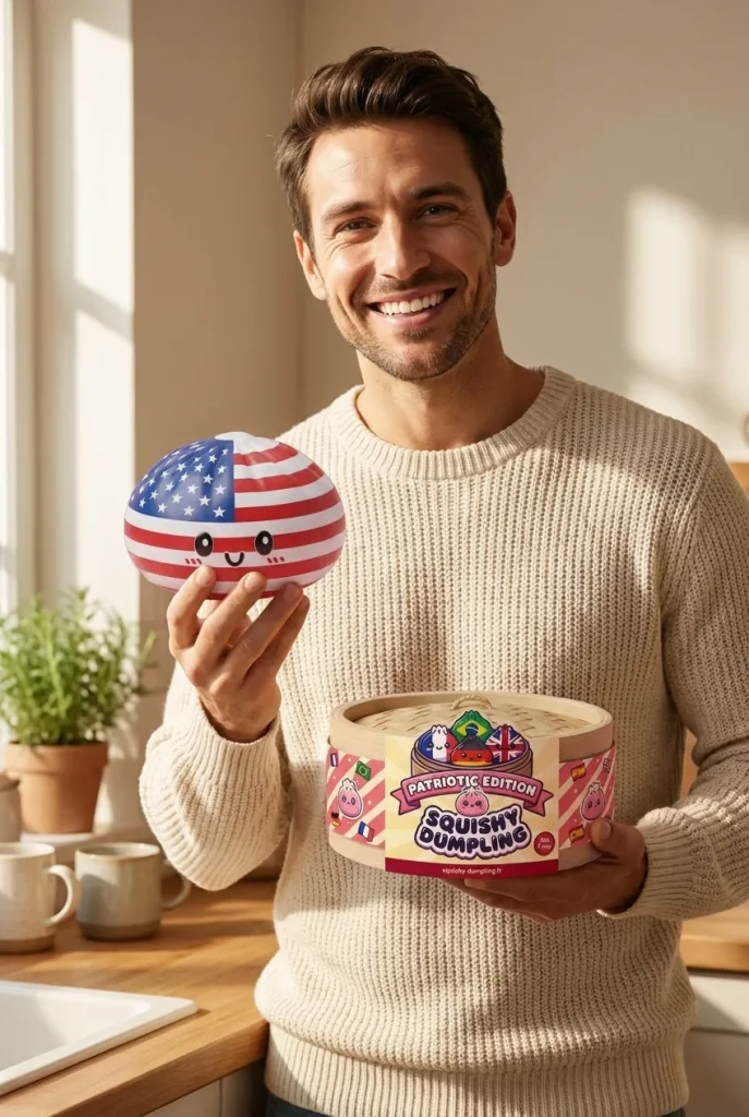 Squishy Dumpling USA -lippukuvio ja bambutyylinen höyrykori — asiakaskuva