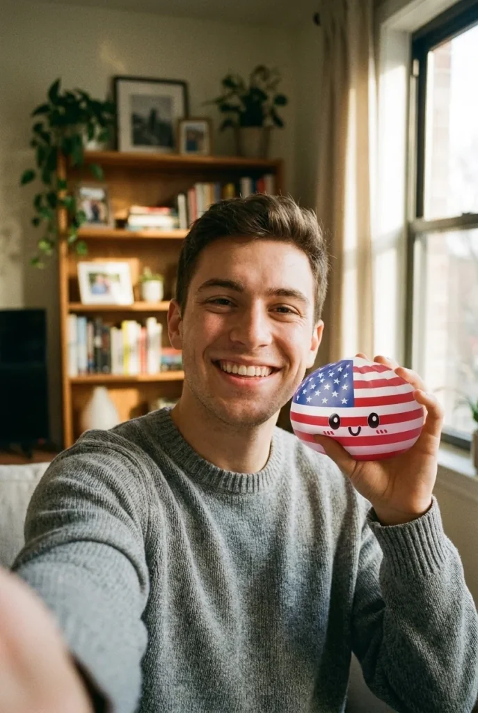 Squishy Dumpling USA -lippukuvio kasvojen lähellä — asiakaskuva