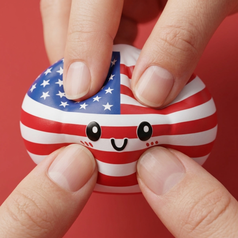 Squishy Dumpling USA -lippukuvio puristettuna kädessä, squishy-materiaali