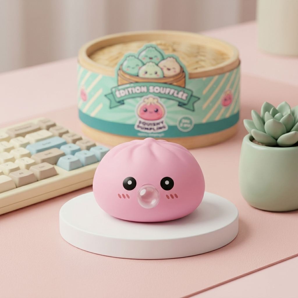Dumpling Squishy Pinkki Bambukorissa tunnelmakuvassa työpöydällä
