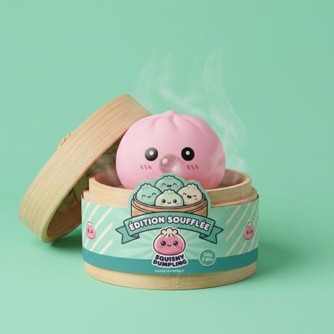 Dumpling Squishy Pinkki Bambukorissa bambutyylisessä höyrykorirasiassaan