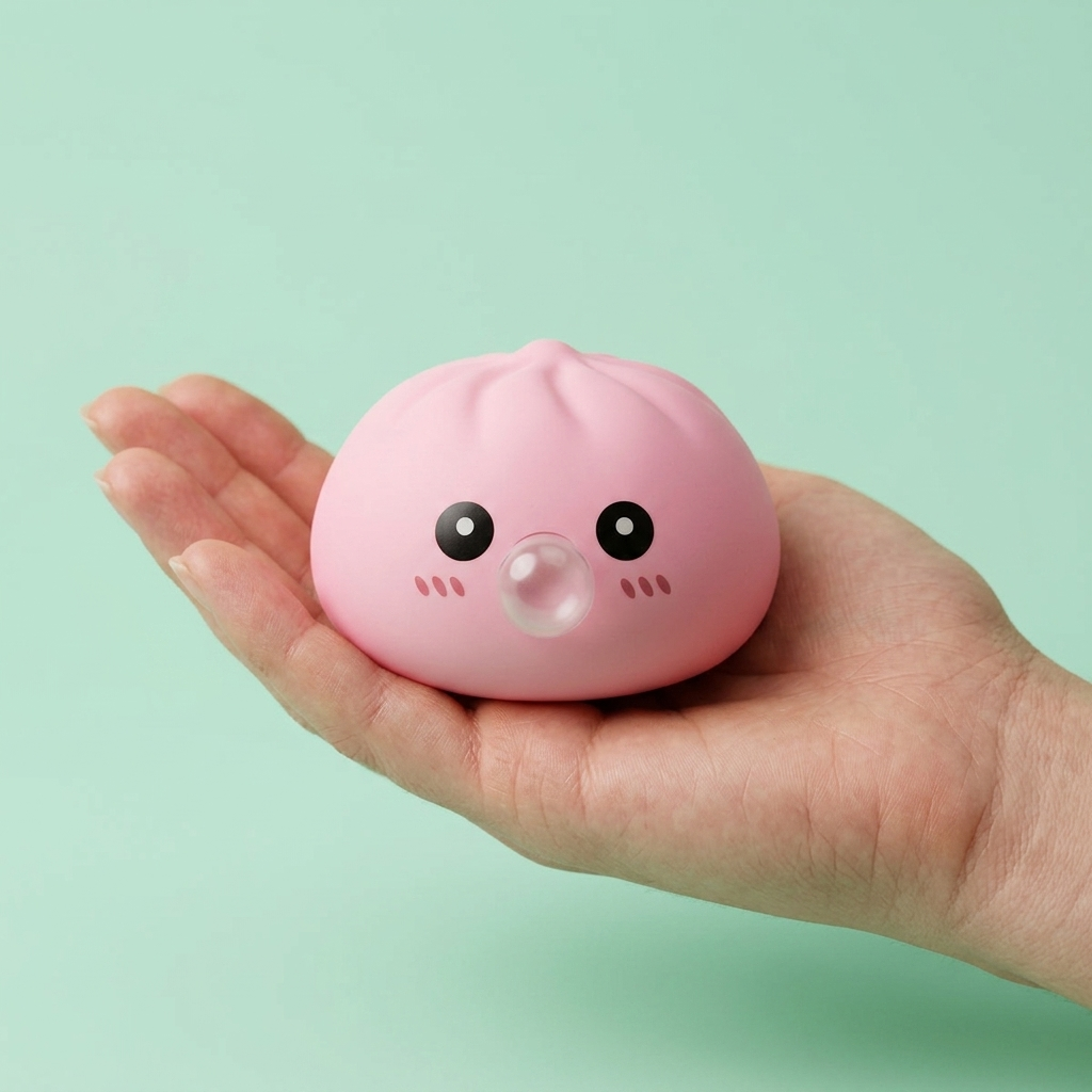 Dumpling Squishy Pinkki Bambukorissa kädessä, todellinen koko