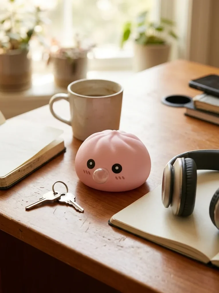 Dumpling Squishy Pinkki Bambukorissa työpöydällä — asiakaskuva