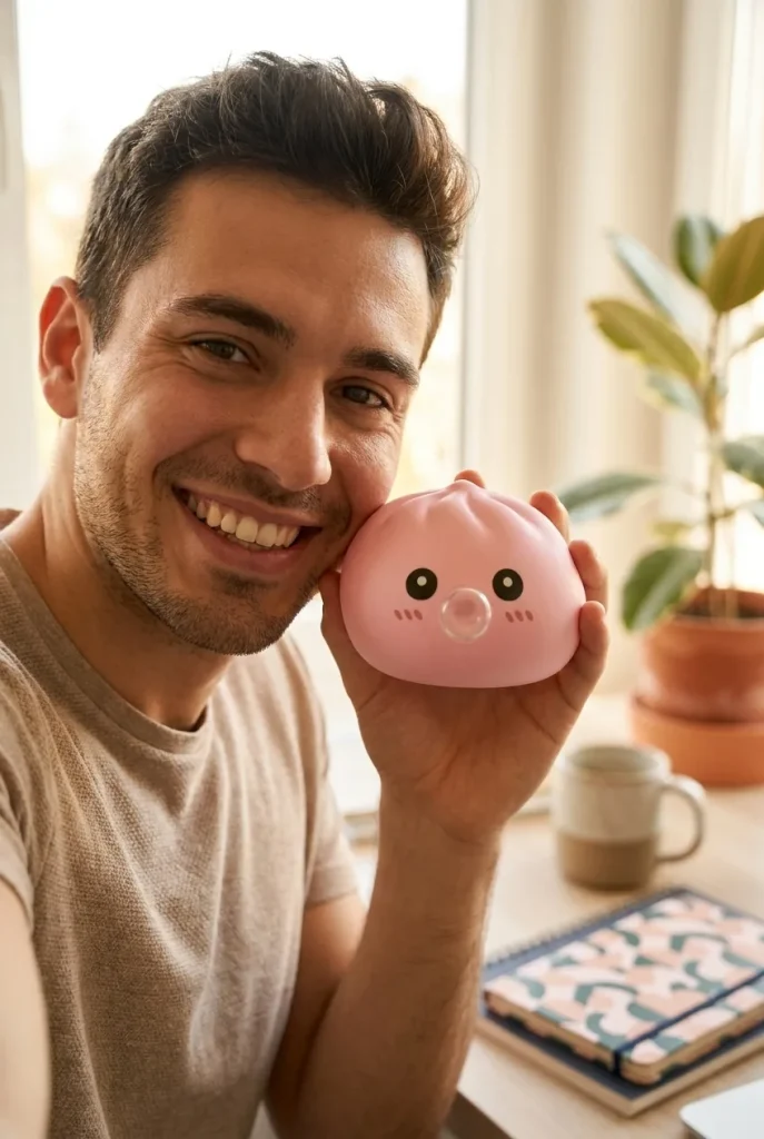 Dumpling Squishy Pinkki Bambukorissa kasvojen lähellä — asiakaskuva