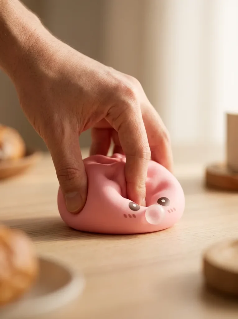 Dumpling Squishy Pinkki Bambukorissa sormien välissä — asiakaskuva