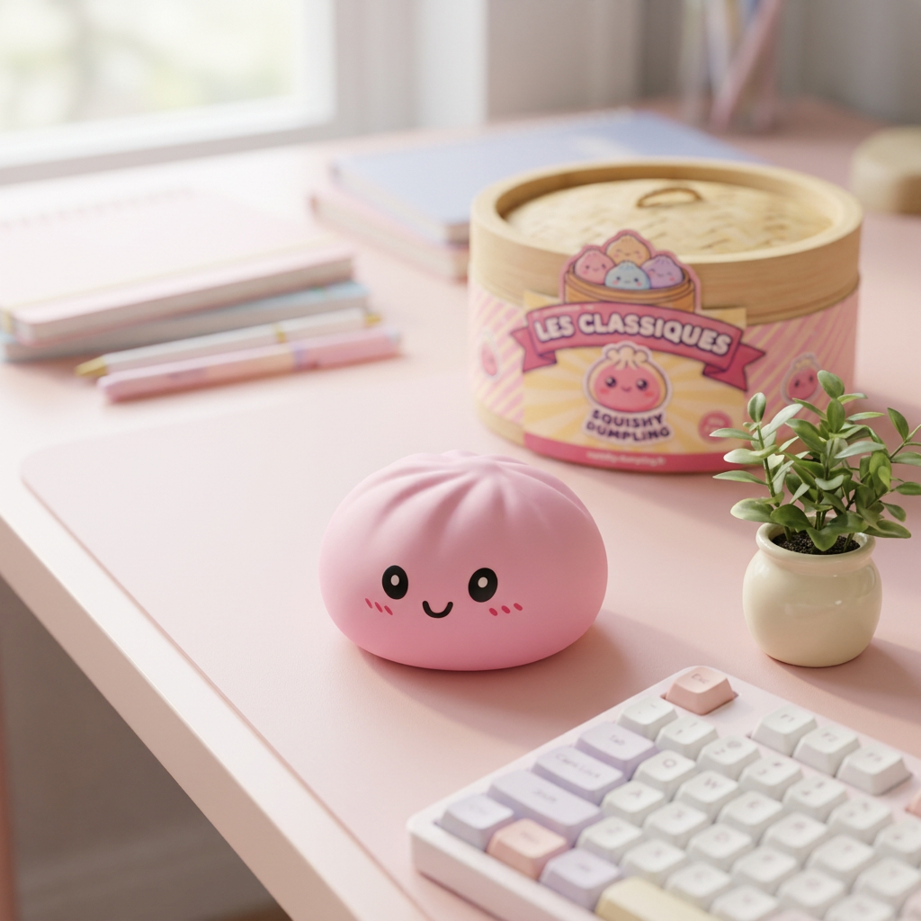 Pink Squishy Dumpling Kukkapehmeä tunnelmakuvassa työpöydällä