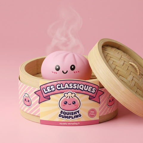 Pink Squishy Dumpling Kukkapehmeä bambutyylisessä höyrykorirasiassaan