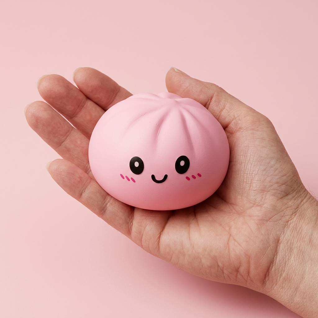 Pink Squishy Dumpling Kukkapehmeä kädessä, todellinen koko